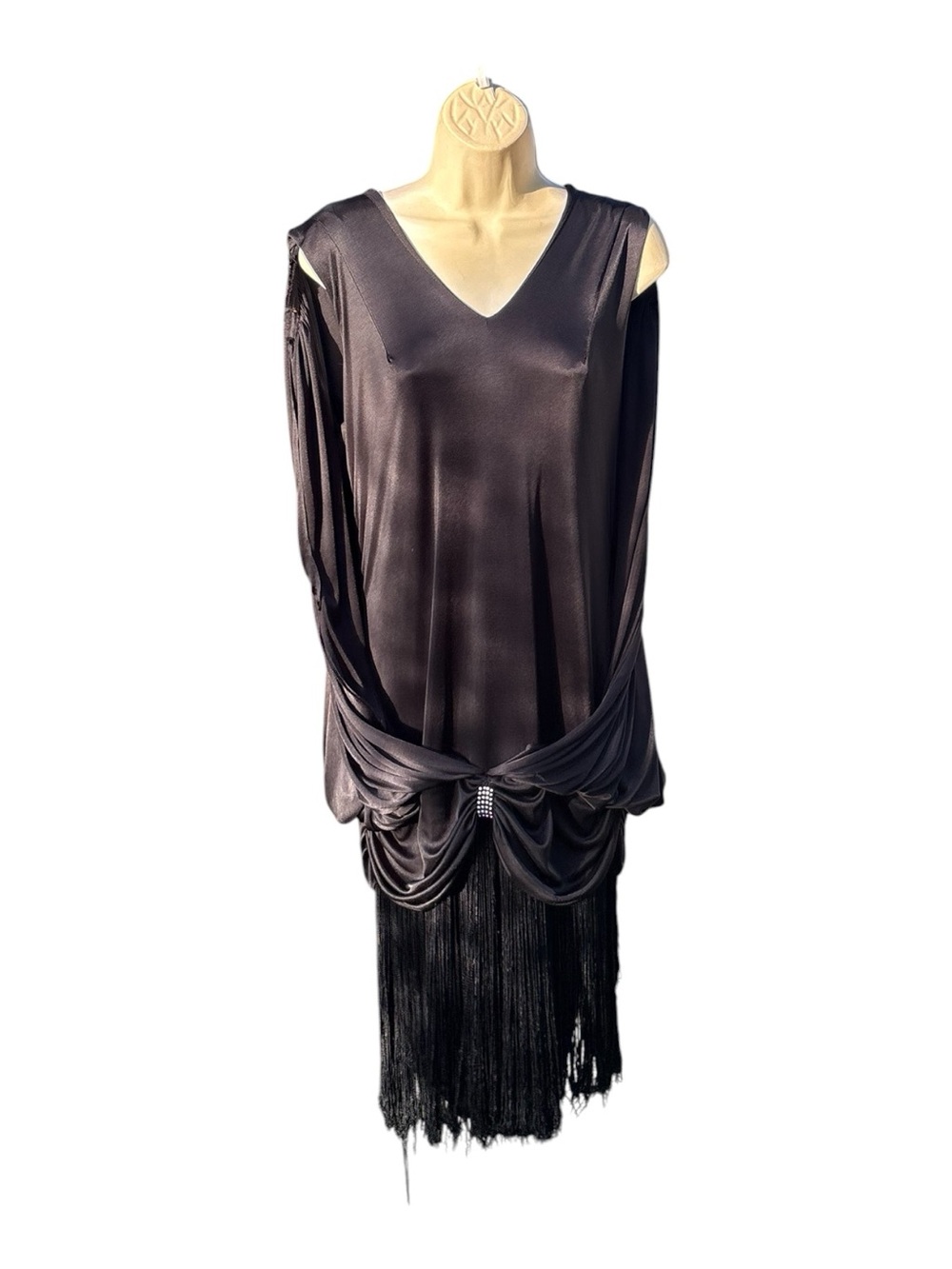 Vintage After Dark Black Fringe Cocktail Dress- Satin and Rhinestone Detail